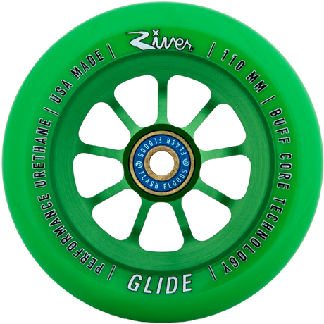 River Glides are smooth, fast and flowy. Hands down the smoothest wheel in the scooter industry and ideal for hitting the park. Featuring BUFF Core Technology to reduce dehubbing.  River Wheel Co - Glides 110mm Colour: Emerald Picture Position: vertical  RVWHGL10GR