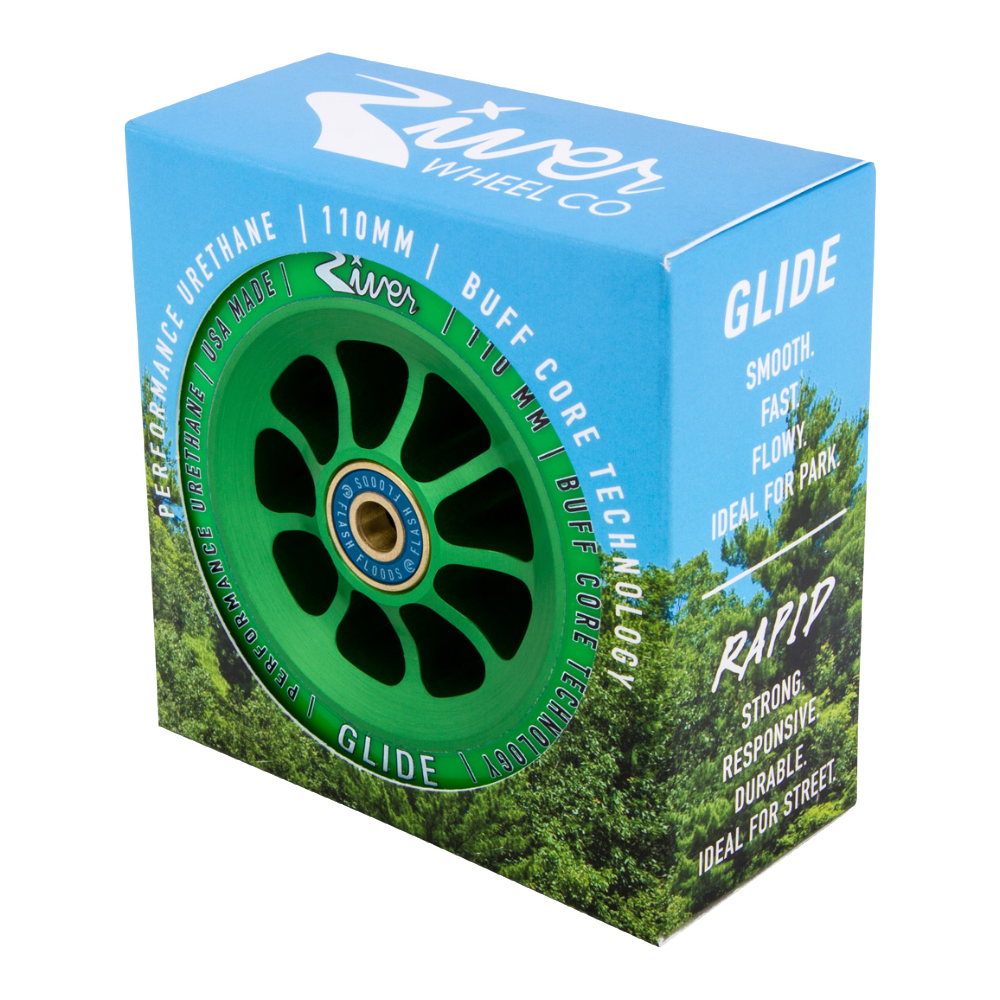 River Glides are smooth, fast and flowy. Hands down the smoothest wheel in the scooter industry and ideal for hitting the park. Featuring BUFF Core Technology to reduce dehubbing.  River Wheel Co - Glides 110mm Colour: Emerald Picture Position: vertical (with box) RVWHGL10GR