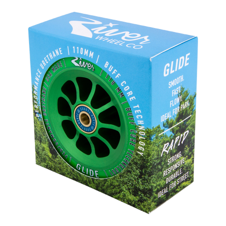 River Glides are smooth, fast and flowy. Hands down the smoothest wheel in the scooter industry and ideal for hitting the park. Featuring BUFF Core Technology to reduce dehubbing.  River Wheel Co - Glides 110mm Colour: Emerald Picture Position: vertical (with box) RVWHGL10GR