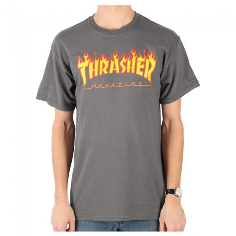 thrasher flame tee front view mens t-shirts short sleeve charcoal
