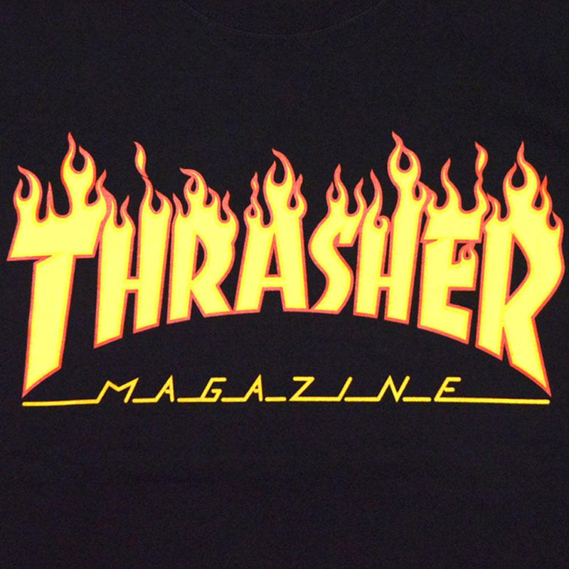 thrasher flame logo l/s close-up view mens t-shirts long sleeve black