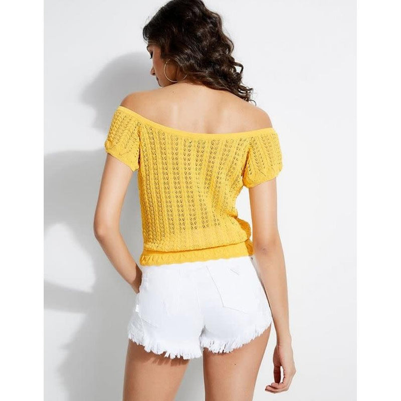 W92R00R22N0, Guess Canada, Caia Off The Shoulder Frill Top, Womens Fashion Tops, Yellow, Cabana Banana, Back view