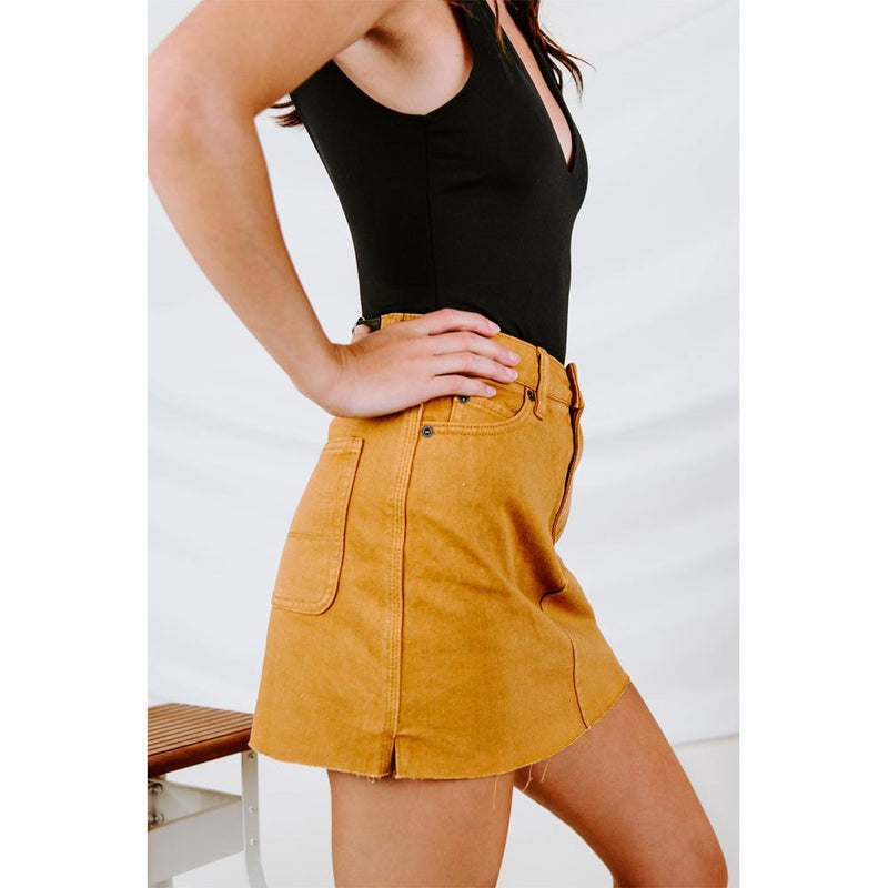 RVCA, Rowdy Mini Skirt, WK01VRRM-CSP, Cathay Spice, Yellow, Mustard, Womens Skirts, Side View, Fall 2019