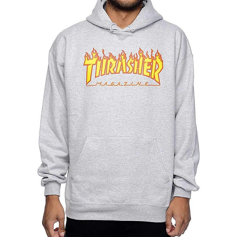 Thrasher, THR-311194, Grey, Flame Logo Hood, Mens Pullover Hoodies, Fall 2019