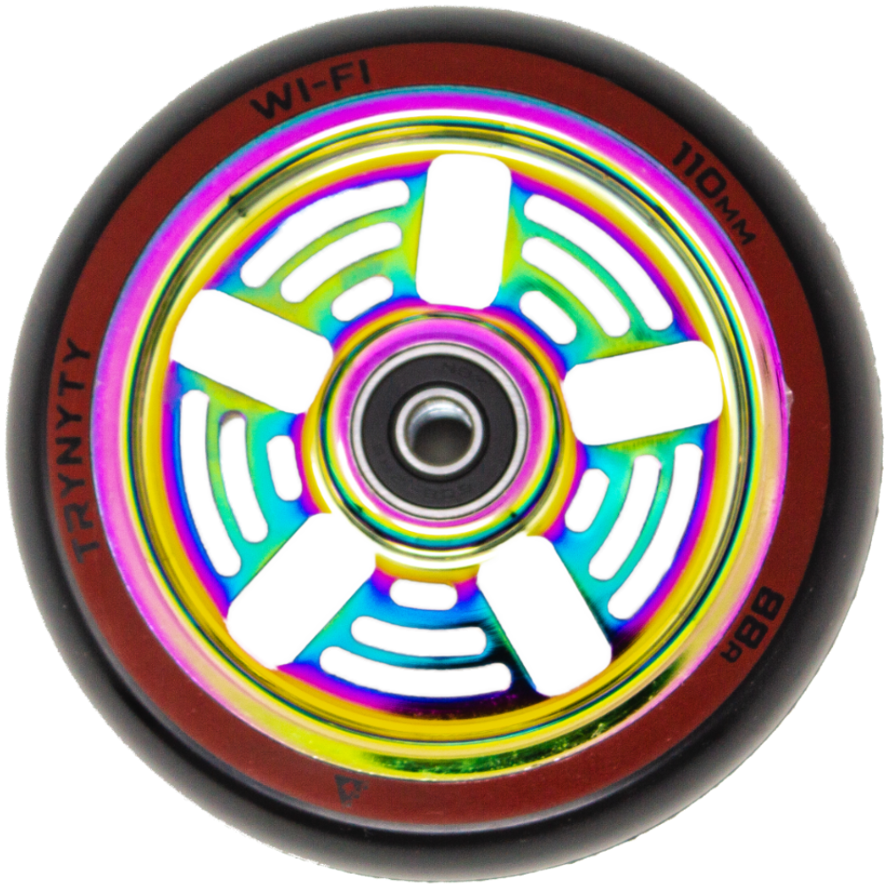 These brand new Wi-Fi wheels are a 110mm 88a 24mm wide wheel. The Silver and Black cores feature a swirl PU and the oilslick cores features a classic black PU. They all use a brand new / unique core design that is both lightweight & solid. These wheels are fast, grippy, strong, lightweight, come with bearings, and are sold in pairs. What more do you need?   TRYNYTY Wi-Fi Wheels 110mm Colour: Oilslick Picture Position: vertical WH-WIFI110MM-OS
