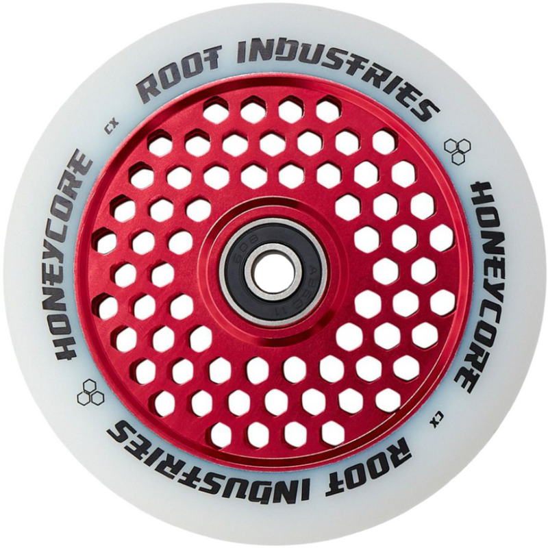 Root Industries - Honeycore Wheels 110mm Root Industries has managed to find a specific, calculated honeycomb cutout pattern that results in a great deal of weight saved, as well as an attractive appearance, and unmatched performance.  Once again, Root Industries has found innovation where others could not. Seemingly accomplishing the impossible, the Honeycore wheel has managed to take the throne as the world’s lightest scooter wheel.  diameter:110mm sku:	 9350759037941