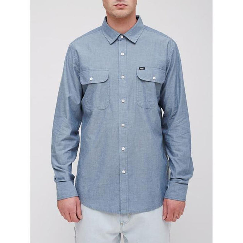obey Glassesl Woven front view Mens Button Up Long Sleeve Shirts light blue 181200224-lbl