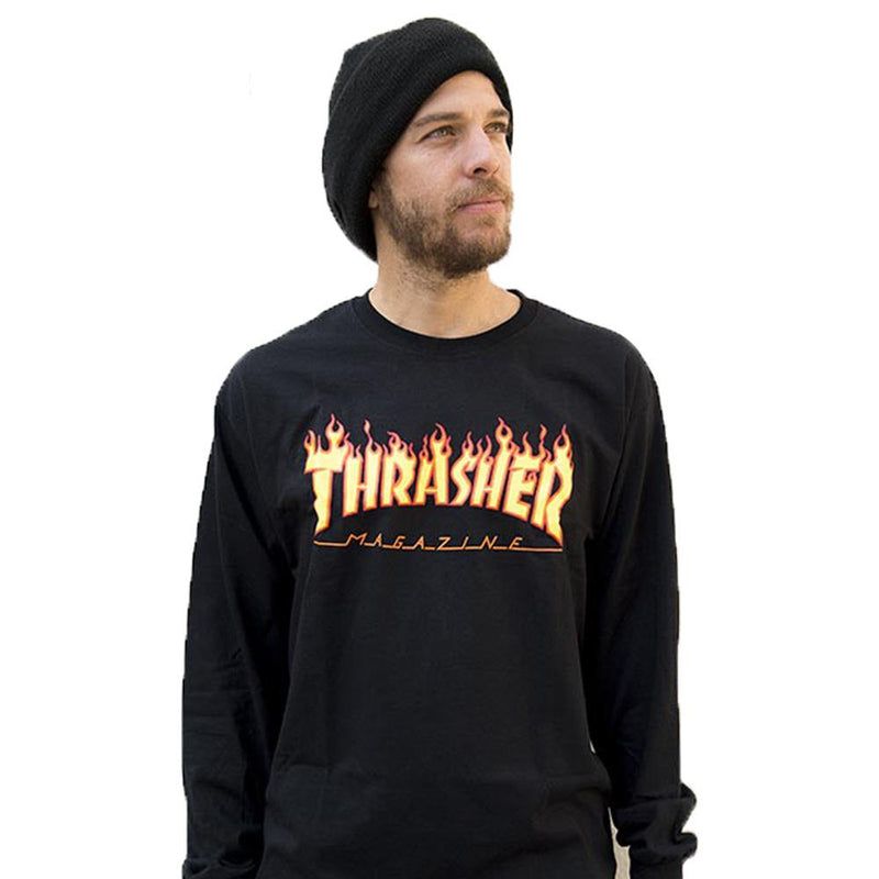 thrasher flame logo l/s front view mens t-shirts long sleeve black