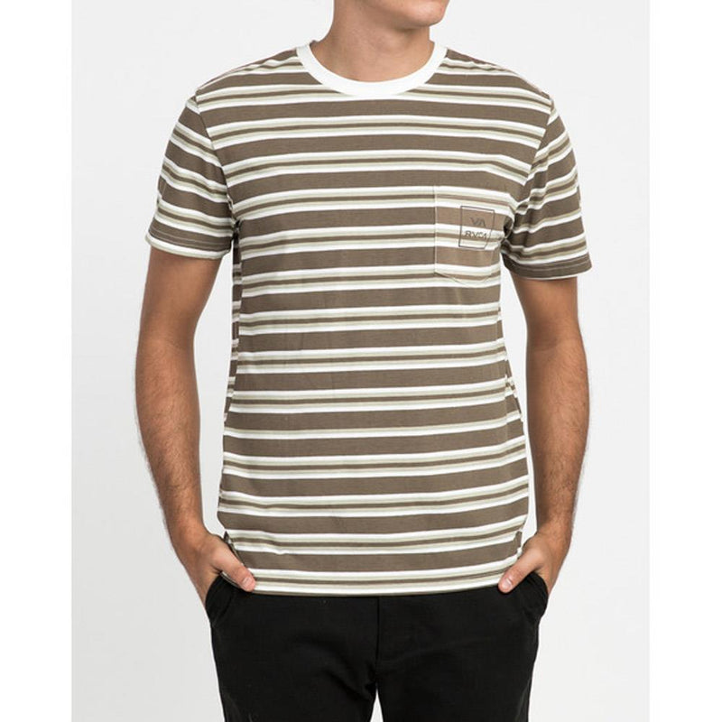 rvca 5 stripe tee front view mens t-shirts short sleeve brown/multi