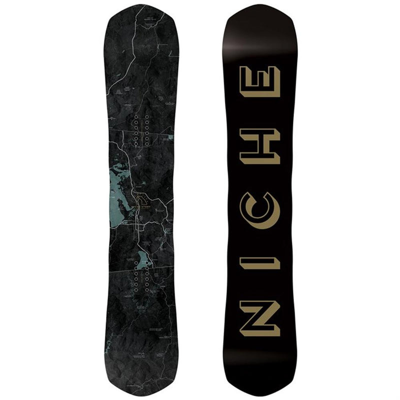 niche snowboards story front and back all mountain snowboards black/blue