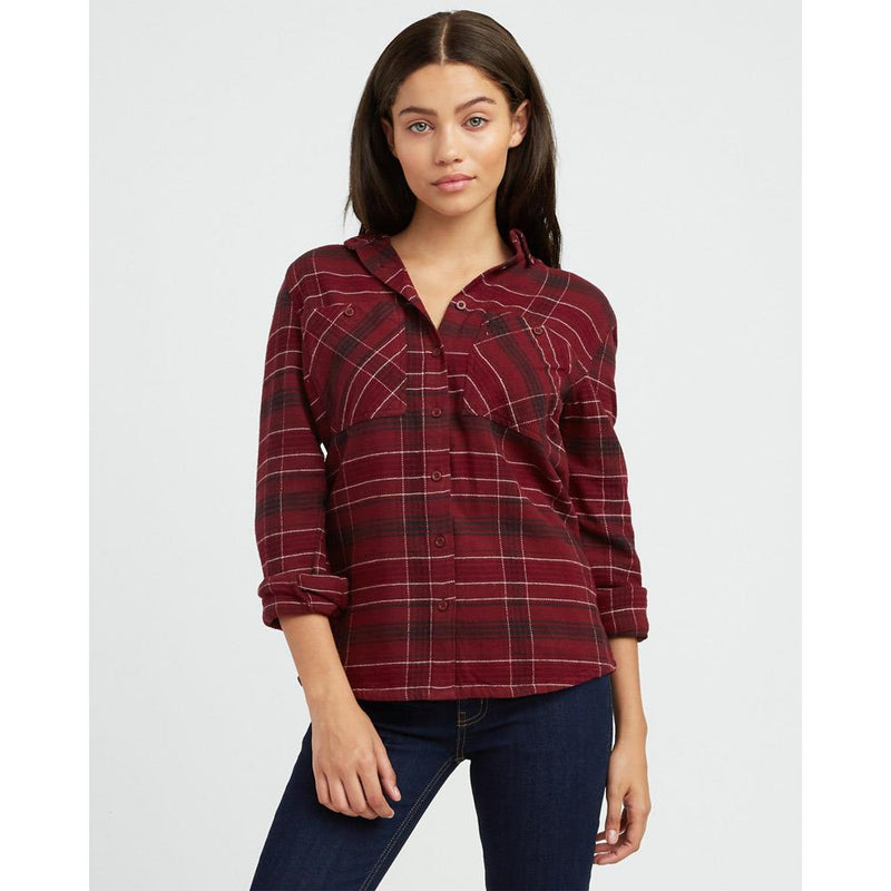 rvca roam flannel front view Womens Long Sleeve Shirts magenta