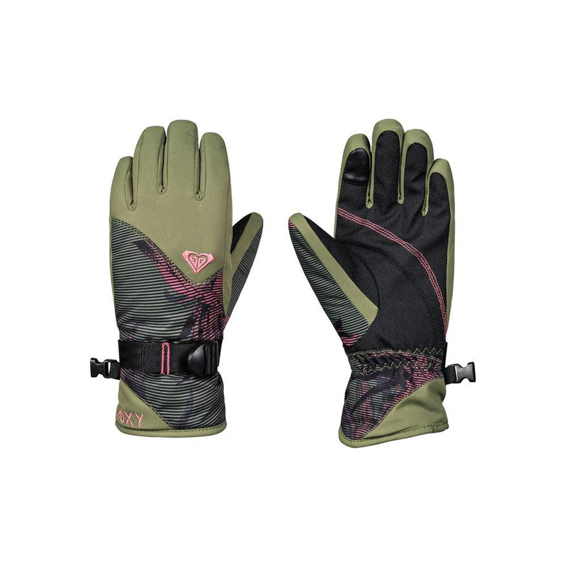 roxy jett girl gloves front and back view youth glove green/black