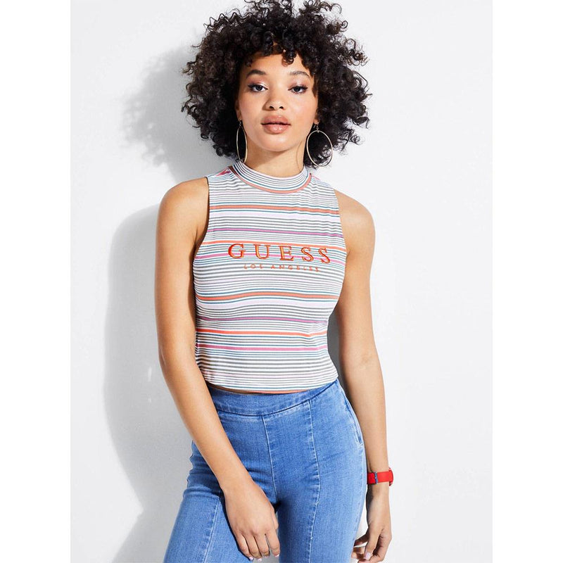 Guess Canada, Stripe Motif Logo Top, Womens Tank tops, Multi colors, Griffin Stripe, W91I98R1D82 S064, front view 