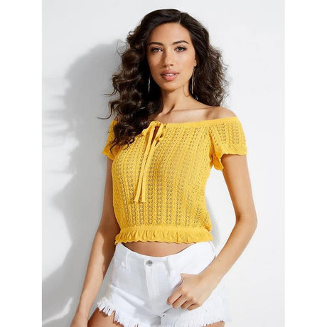 W92R00R22N0, Guess Canada, Caia Off The Shoulder Frill Top, Womens Fashion Tops, Yellow, Cabana Banana, front view