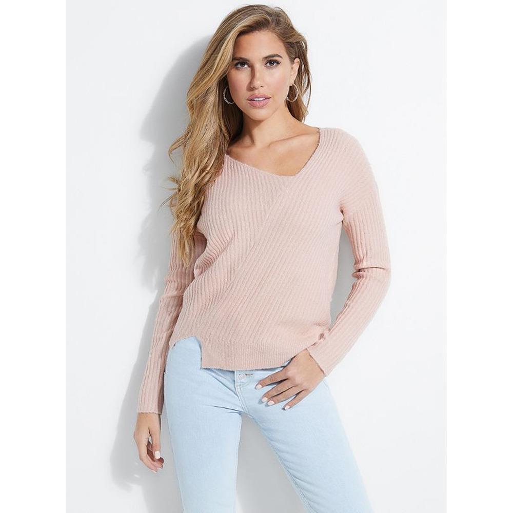 W93R61R1NW1-G6U4 NUDE BY NATURE, LIGHT PINK. GUESS, LS ALIVIA RIB ASYM SWEATER, WOMENS SWEATERS, HOLIDAY 2019