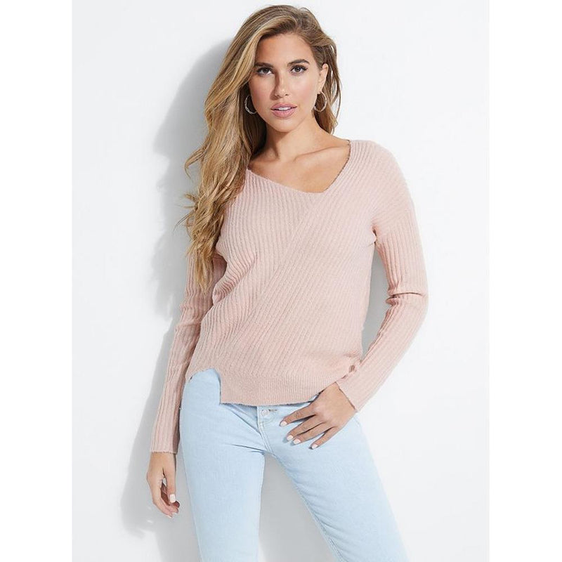 W93R61R1NW1-G6U4 NUDE BY NATURE, LIGHT PINK. GUESS, LS ALIVIA RIB ASYM SWEATER, WOMENS SWEATERS, HOLIDAY 2019