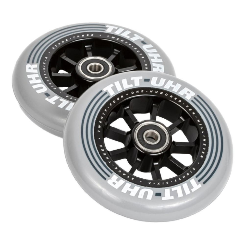 The UHR Wheels are part of Tilt’s Stage III collection which brings scooter wheel performance to the next level. The Ultra High Rebound formula is focused on rebound. Higher rebound gives you more speed and the smoothness while riding. The pregreased bearings and precisions spacers make assembly as easy as a feeble grind. Whether you're in the park or in the streets, the UHR wheels will maintain speed through whichever line you choose.  TILT - UHR WHEELS Colour: Slate pair  05-16-650