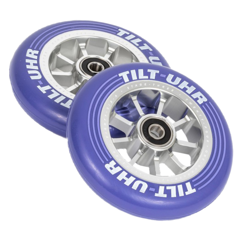 The UHR Wheels are part of Tilt’s Stage III collection which brings scooter wheel performance to the next level. The Ultra High Rebound formula is focused on rebound. Higher rebound gives you more speed and the smoothness while riding. The pregreased bearings and precisions spacers make assembly as easy as a feeble grind. Whether you're in the park or in the streets, the UHR wheels will maintain speed through whichever line you choose.  TILT - UHR WHEELS Colour: Violet pair  05-16-810